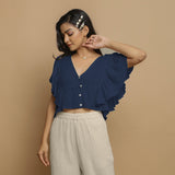 Navy Blue Crinkled Cotton Butterfly Sleeves Crop Top