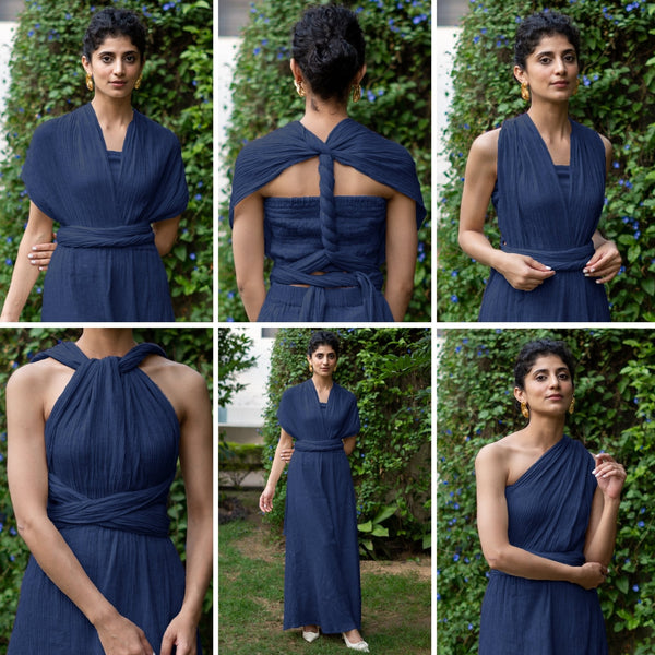 Navy Blue Crinkled Cotton Flax Boho Infinity Drape Gown with Matching Tube