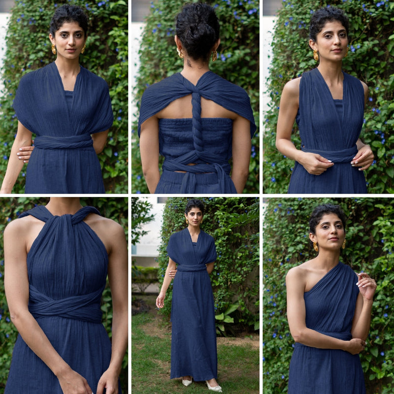 Navy Blue Crinkled Cotton Flax Boho Infinity Drape Gown with Matching Tube