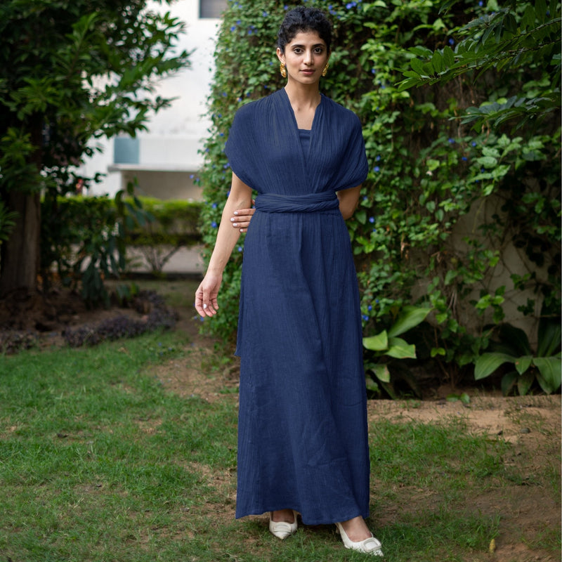 Navy Blue Crinkled Cotton Flax Boho Infinity Drape Gown with Matching Tube