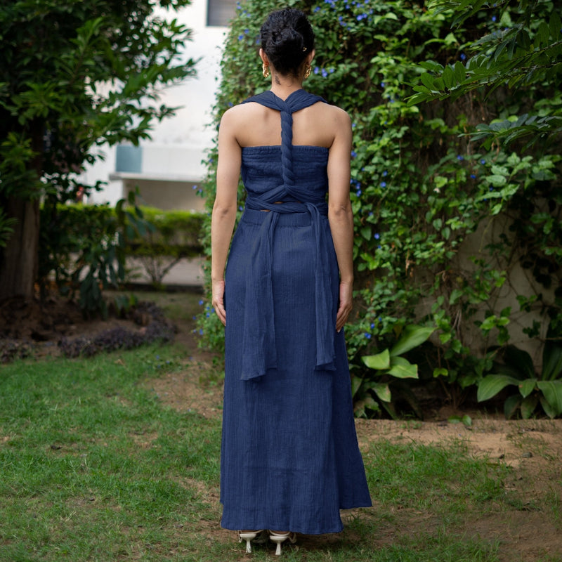 Navy Blue Crinkled Cotton Flax Boho Infinity Drape Gown with Matching Tube