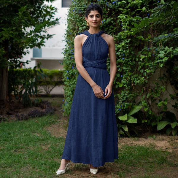 Navy Blue Crinkled Cotton Flax Boho Infinity Drape Gown with Matching Tube