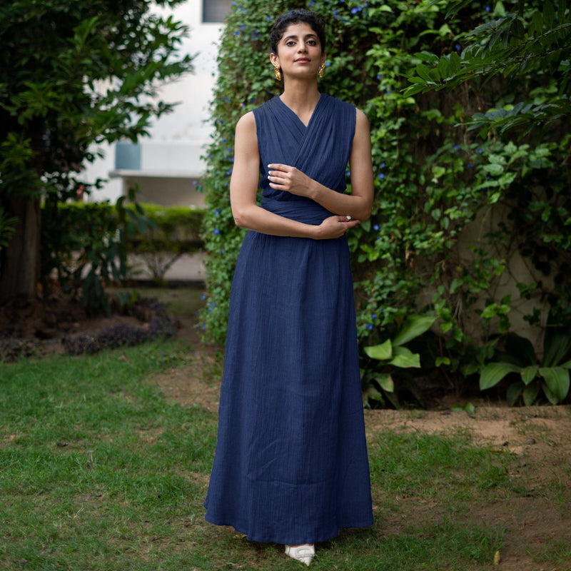 Navy Blue Crinkled Cotton Flax Boho Infinity Drape Gown with Matching Tube