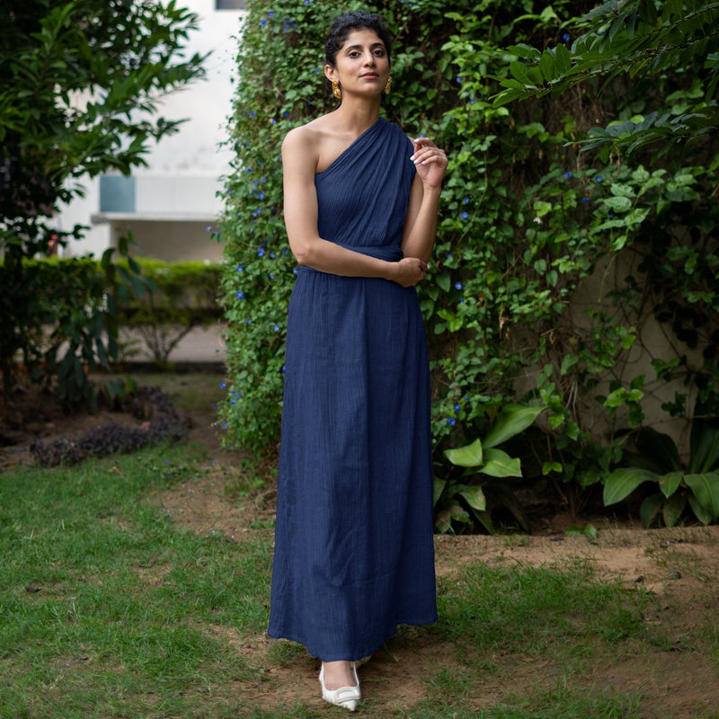 Navy Blue Crinkled Cotton Flax Boho Infinity Drape Gown with Matching Tube