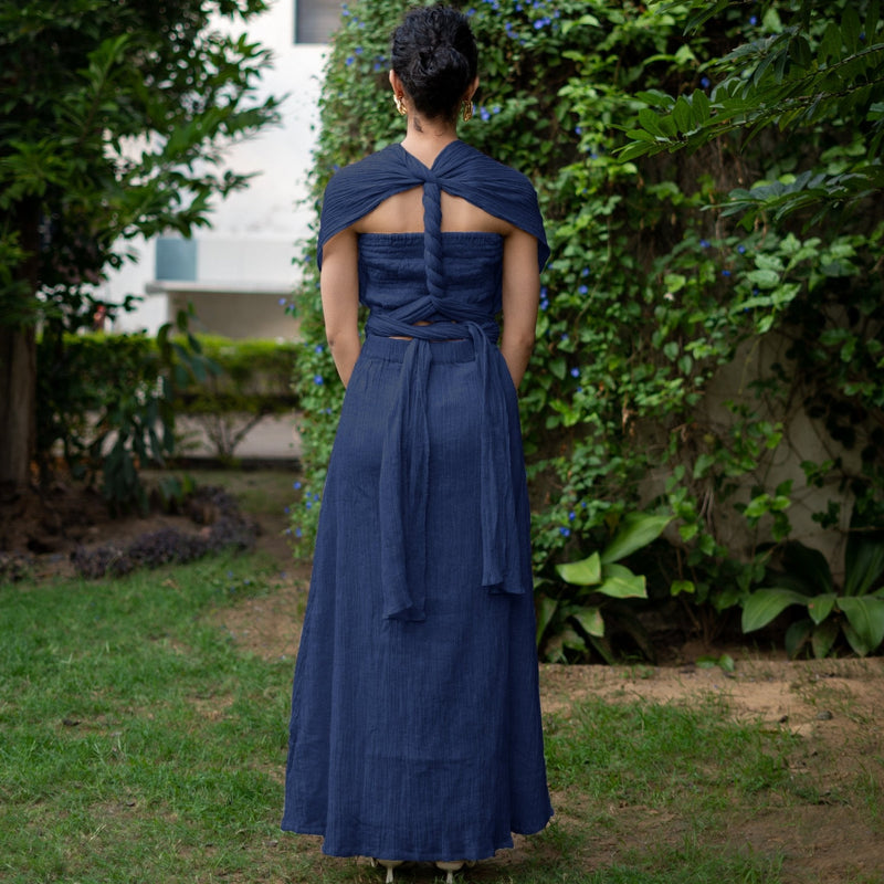 Navy Blue Crinkled Cotton Flax Boho Infinity Drape Gown with Matching Tube