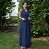 Navy Blue Crinkled Cotton Flax Boho Infinity Drape Gown with Matching Tube