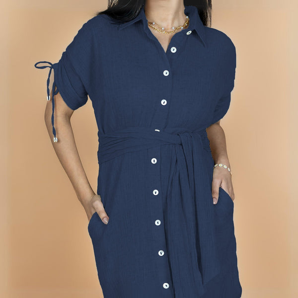 Navy Blue Crinkled Cotton Flax Boho Maxi Button-Down Shirt Dress