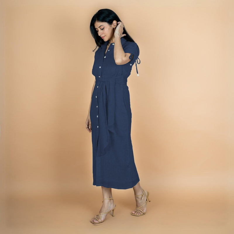 Buy Navy Blue Crinkled Cotton Flax Boho Maxi Button-Down Shirt Dress Online at SeamsFriendly Buy Navy Blue Crinkled Cotton Flax Boho Maxi Button-Down Shirt Dress Online at SeamsFriendly