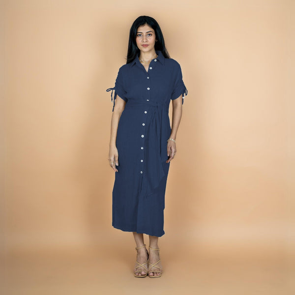 Navy Blue Crinkled Cotton Flax Boho Maxi Button-Down Shirt Dress