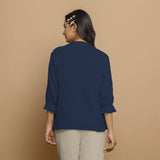 Navy Blue Crinkled Cotton Flax Boho Tie-Neck Top