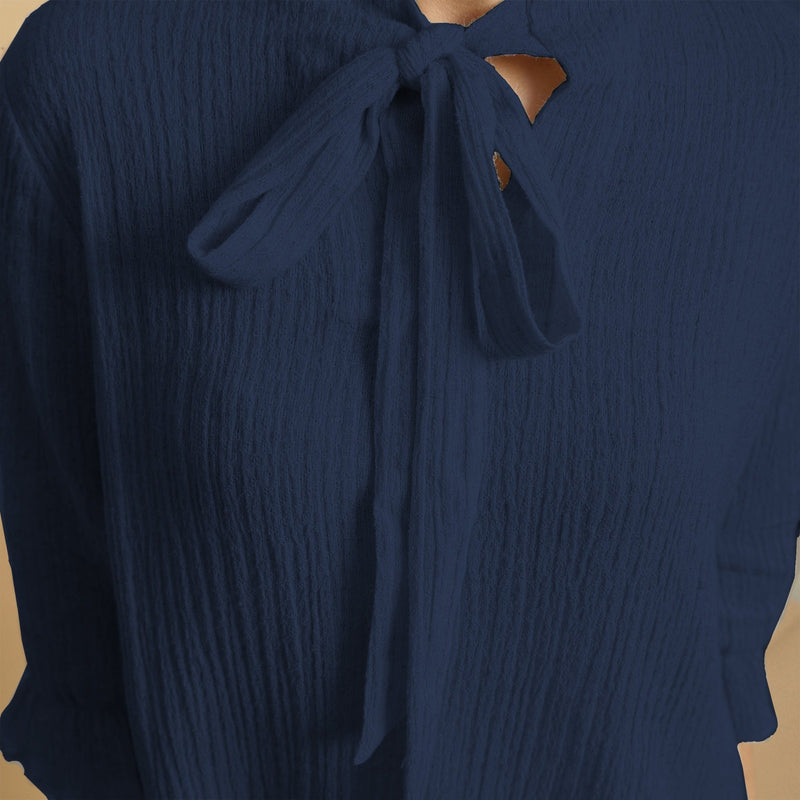 Navy Blue Crinkled Cotton Flax Boho Tie-Neck Top