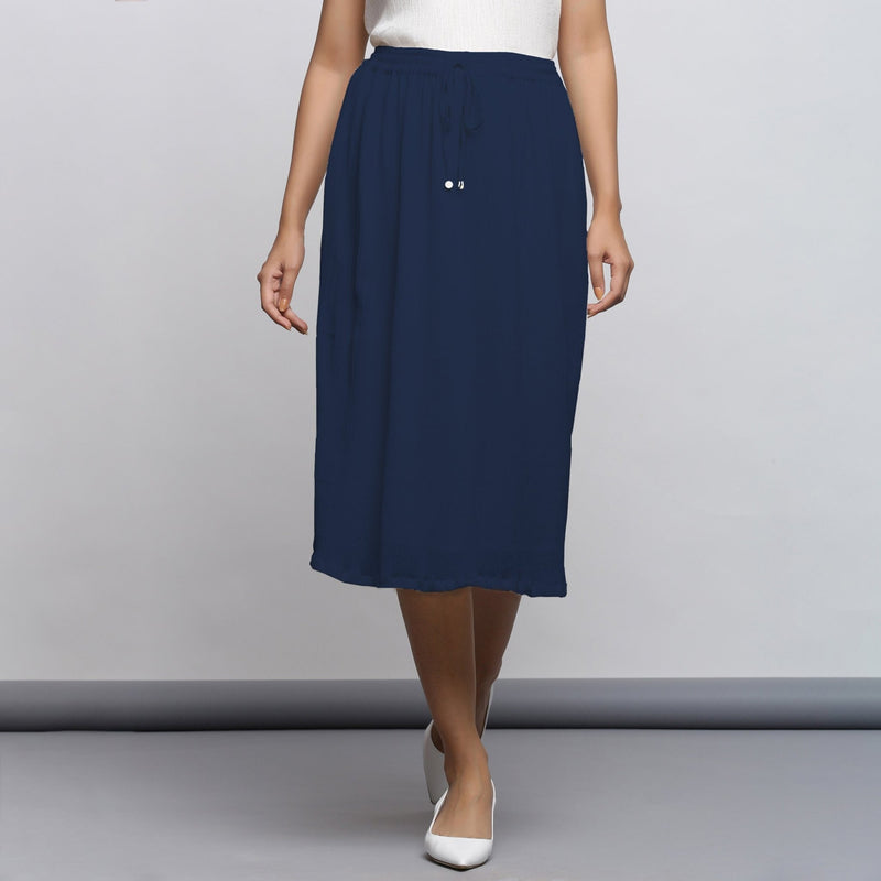 Navy Blue Crinkled Cotton Flax Elasticated Flared Midi Skirt