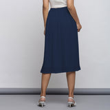 Navy Blue Crinkled Cotton Flax Elasticated Flared Midi Skirt