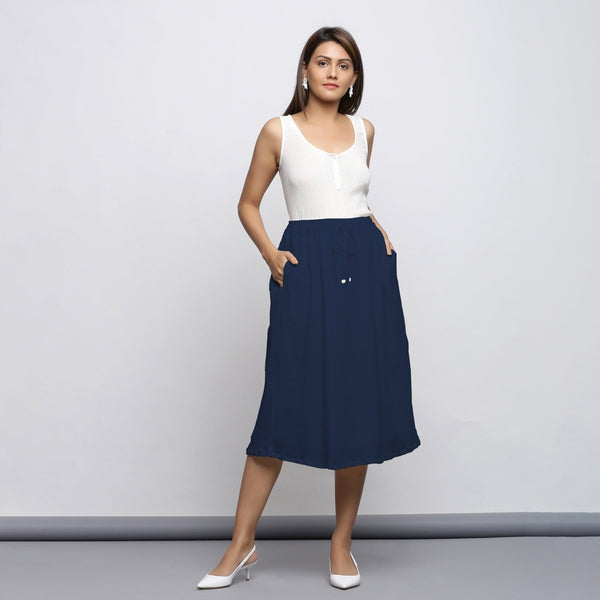 Navy Blue Crinkled Cotton Flax Elasticated Flared Midi Skirt