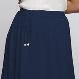 Navy Blue Crinkled Cotton Flax Elasticated Flared Midi Skirt