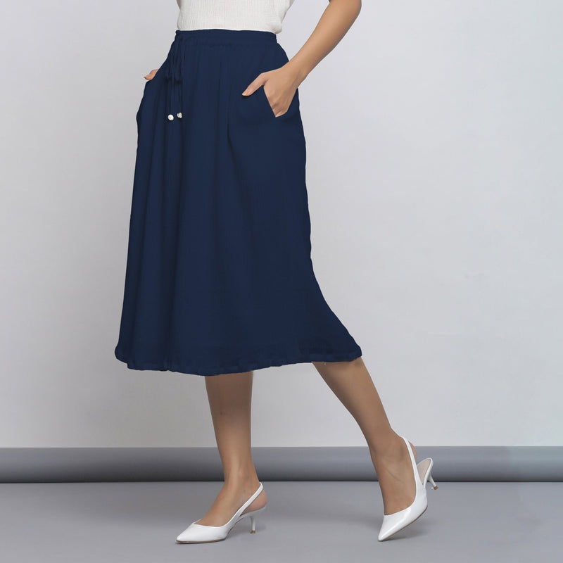 Navy Blue Crinkled Cotton Flax Elasticated Flared Midi Skirt