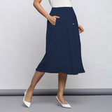 Navy Blue Crinkled Cotton Flax Elasticated Flared Midi Skirt