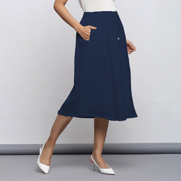 Navy Blue Crinkled Cotton Flax Elasticated Flared Midi Skirt