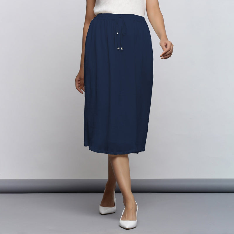 Navy Blue Crinkled Cotton Flax Elasticated Flared Midi Skirt