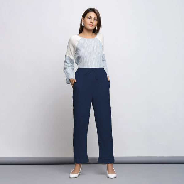 Navy Blue Crinkled Cotton Flax Elasticated Mid-Rise Tapered Pant