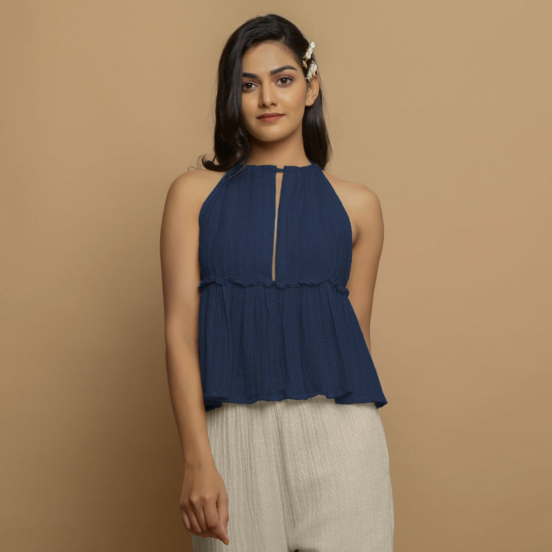 Navy Blue Crinkled Cotton Flax Halter Neck Flared Top