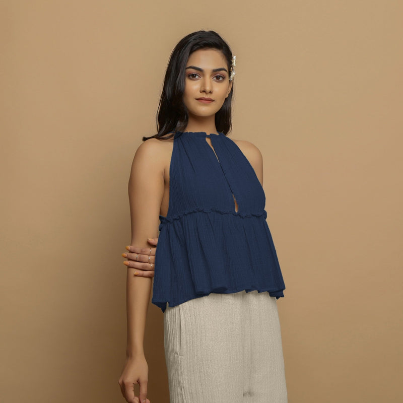 Navy Blue Crinkled Cotton Flax Halter Neck Flared Top