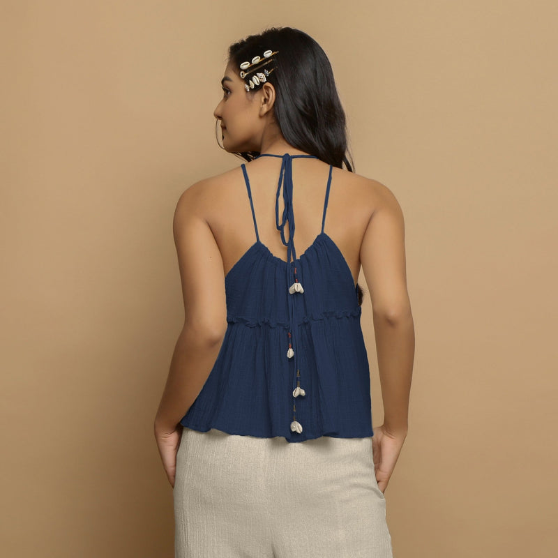 Navy Blue Crinkled Cotton Flax Halter Neck Flared Top