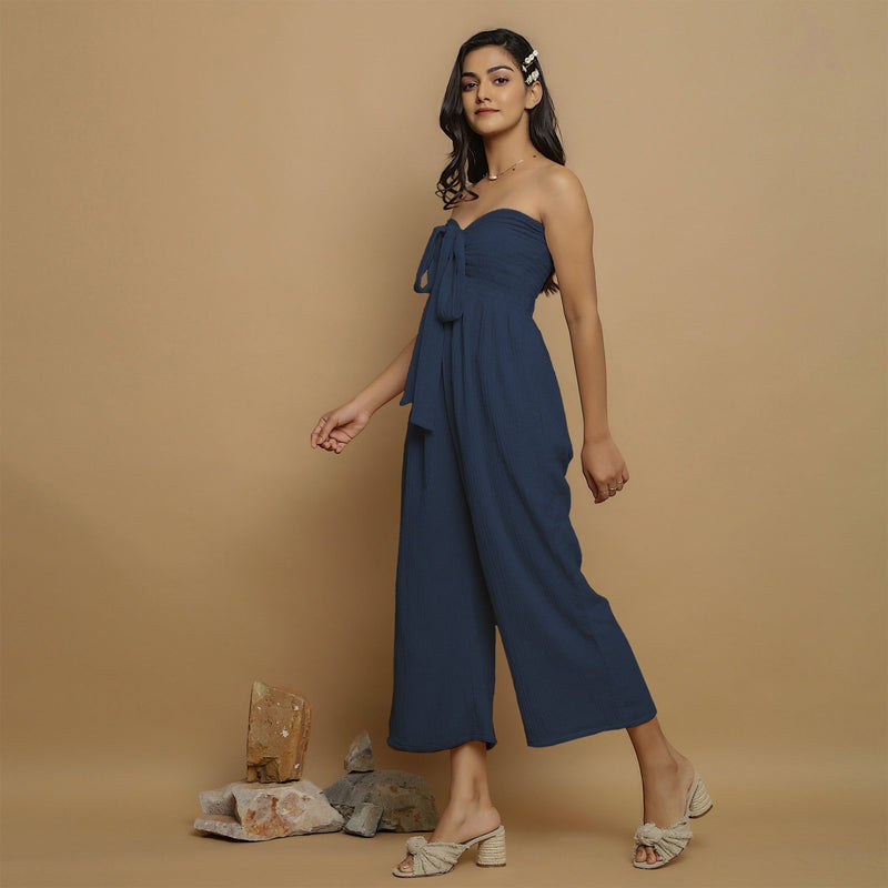 Navy Blue Crinkled Cotton Flax High-Rise Jumpsuit