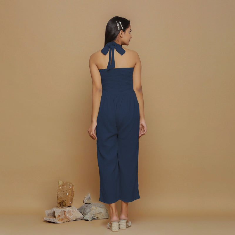 Navy Blue Crinkled Cotton Flax High-Rise Jumpsuit