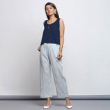 Navy Blue Crinkled Cotton Flax Round Neck Sleeveless Top