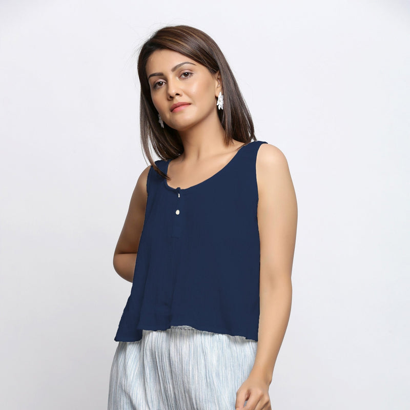 Navy Blue Crinkled Cotton Flax Round Neck Sleeveless Top