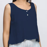 Navy Blue Crinkled Cotton Flax Round Neck Sleeveless Top