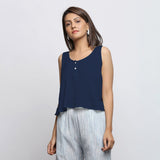 Navy Blue Crinkled Cotton Flax Round Neck Sleeveless Top