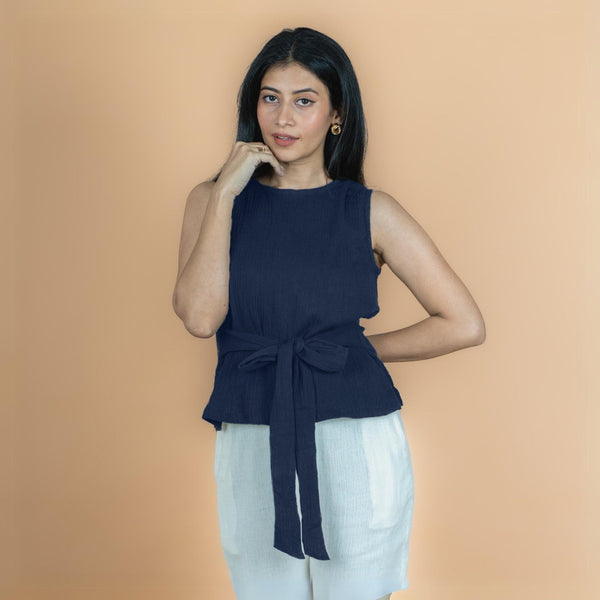 Navy Blue Crinkled Cotton Flax Sleeveless Tie-Up Top