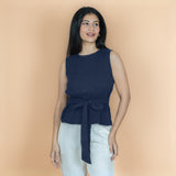 Navy Blue Crinkled Cotton Flax Sleeveless Tie-Up Top