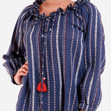 Front Detail of a Model wearing Navy Blue Crinkled Cotton Off Shoulder Top