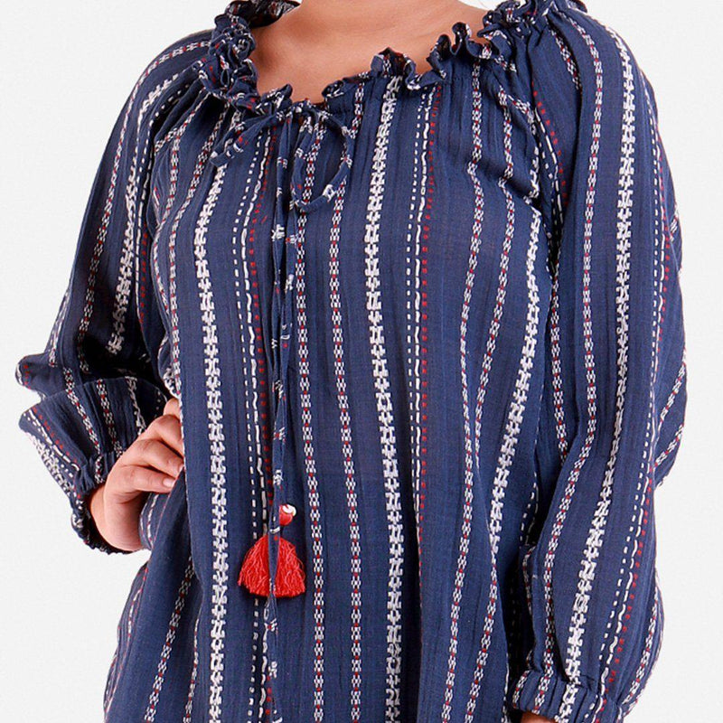 Front Detail of a Model wearing Navy Blue Crinkled Cotton Off Shoulder Top