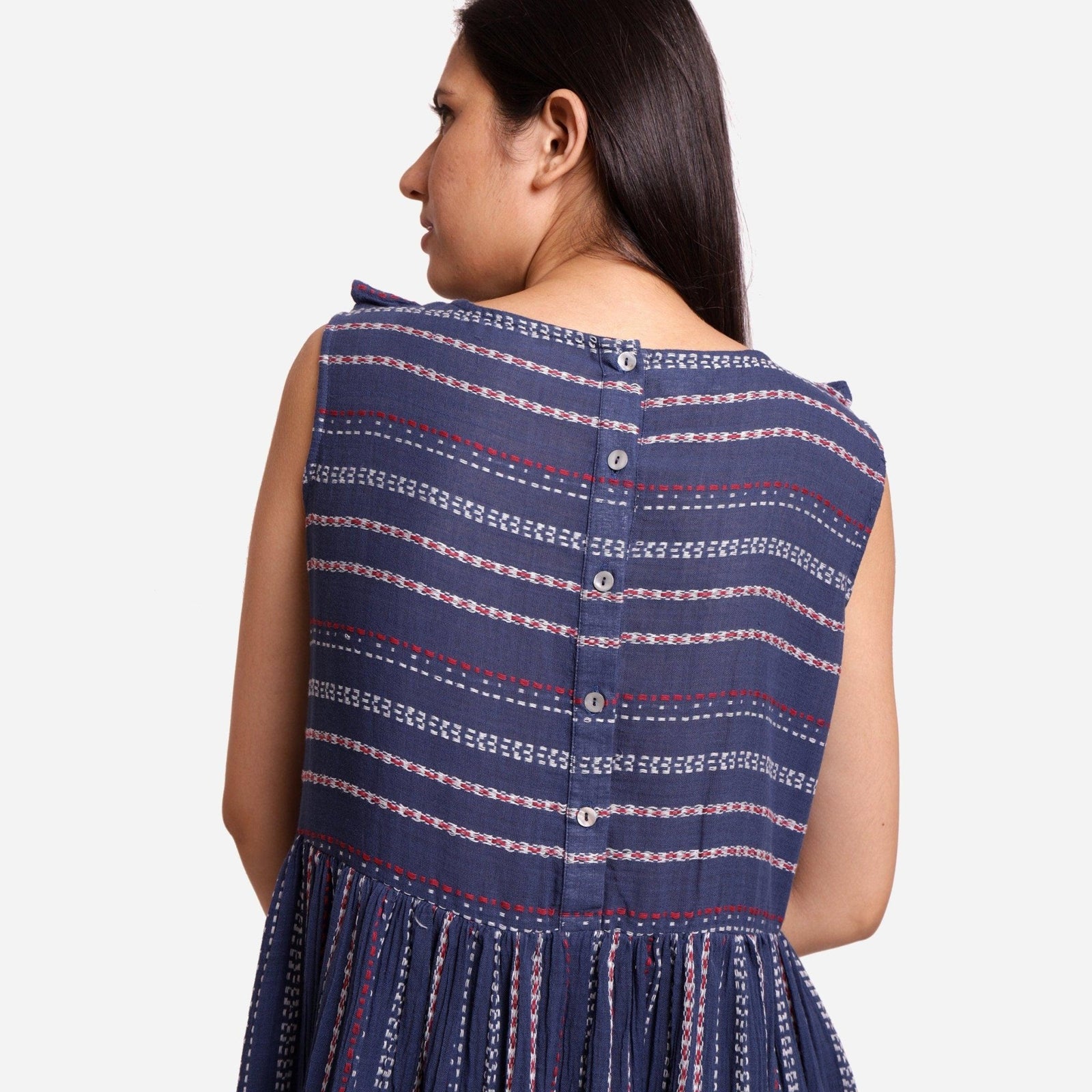 Buy Navy Blue Crinkled Cotton Scoop Neck Bohemian Midi Dress