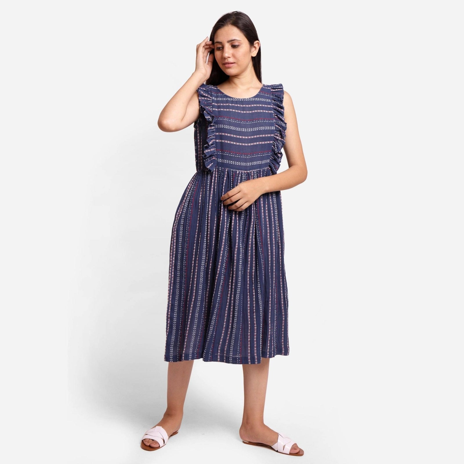 Navy Blue Crinkled Cotton Scoop Neck Bohemian Midi Dress 30