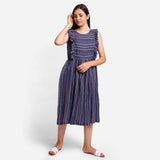 Front View of a Model wearing Navy Blue Crinkled Cotton Midi Dress