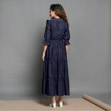 Navy Blue Hand-Beaded Cotton Flax Boho Maxi Dress