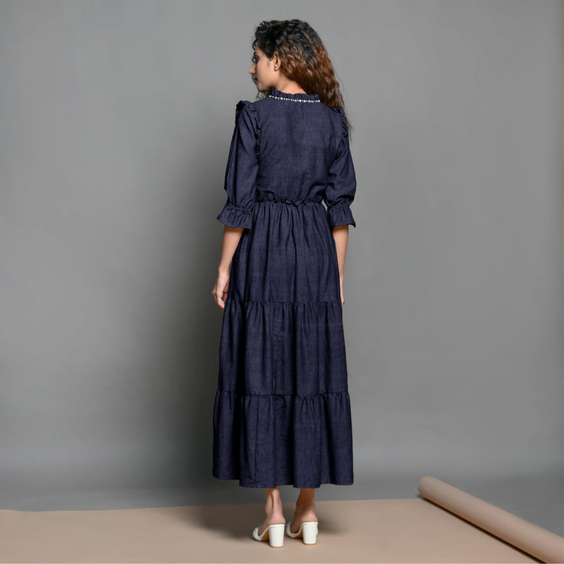 Navy Blue Hand-Beaded Cotton Flax Boho Maxi Dress