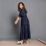 Navy Blue Hand-Beaded Cotton Flax Boho Maxi Dress