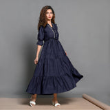 Navy Blue Hand-Beaded Cotton Flax Boho Maxi Dress