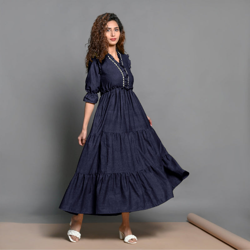 Navy Blue Hand-Beaded Cotton Flax Boho Maxi Dress