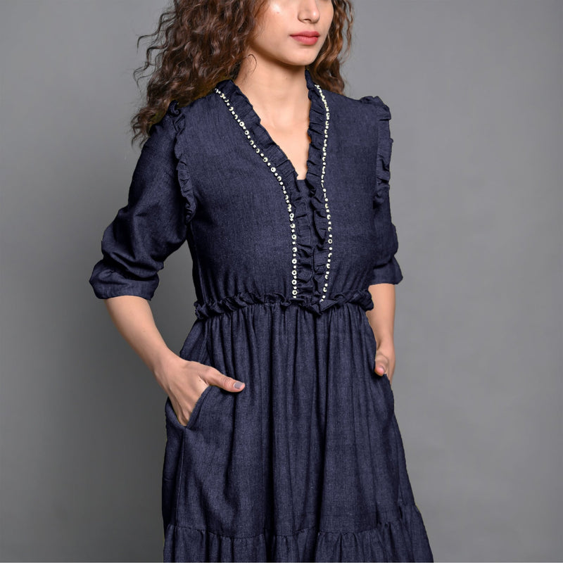 Navy Blue Hand-Beaded Cotton Flax Boho Maxi Dress