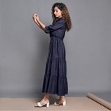 Navy Blue Hand-Beaded Cotton Flax Boho Maxi Dress