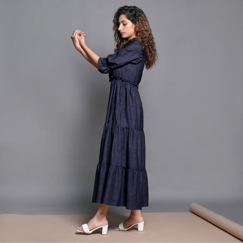 Navy Blue Hand-Beaded Cotton Flax Boho Maxi Dress