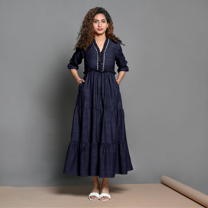 Navy Blue Hand-Beaded Cotton Flax Boho Maxi Dress