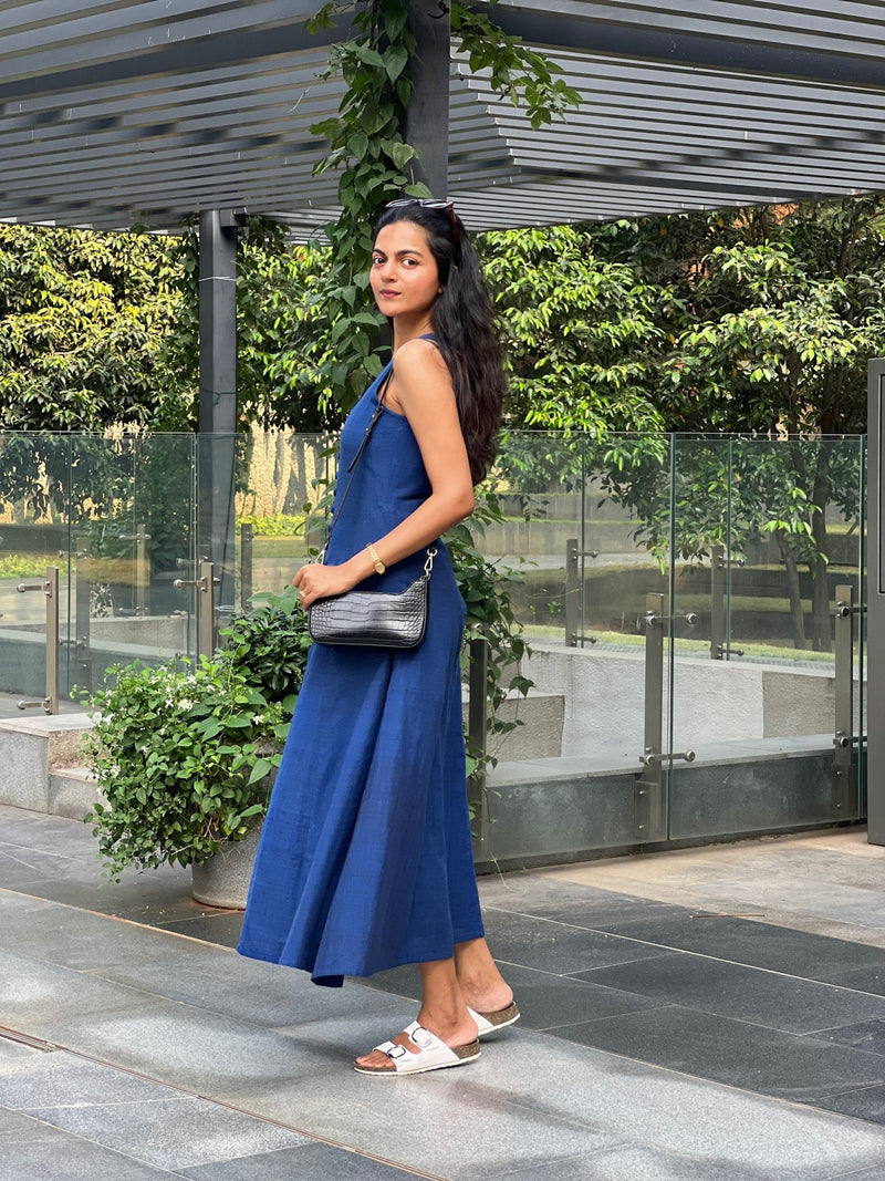 Navy Blue Handspun Cotton A-Line Front Slit Maxi Dress 40" / Tall (5'7" and above) Navy Blue Handspun Cotton A-Line Front Slit Maxi Dress 40" / Tall (5'7" and above)